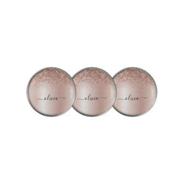 Rose Gold - Blush Pink Glitter Metal Monogram Name Golf Ball Marker
