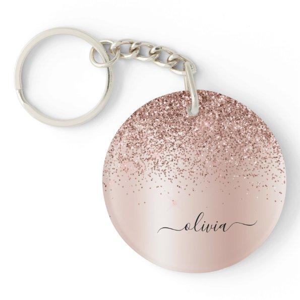 Rose Gold - Blush Pink Glitter Metal Monogram Name Keychain