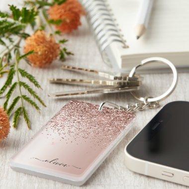 Rose Gold - Blush Pink Glitter Metal Monogram Name Keychain