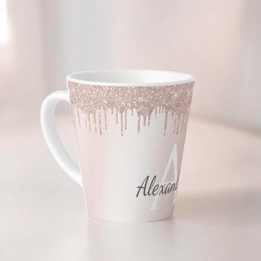 Rose Gold - Blush Pink Glitter Metal Monogram Name Latte Mug