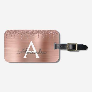 Rose Gold - Blush Pink Glitter Metal Monogram Name Luggage Tag