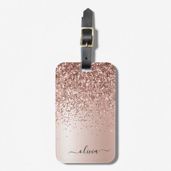 Rose Gold - Blush Pink Glitter Metal Monogram Name Luggage Tag