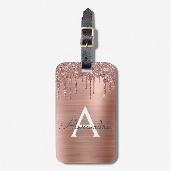Rose Gold - Blush Pink Glitter Metal Monogram Name Luggage Tag