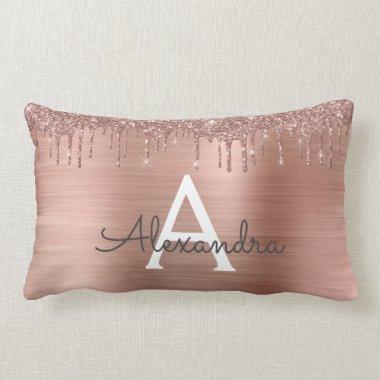 Rose Gold - Blush Pink Glitter Metal Monogram Name Lumbar Pillow
