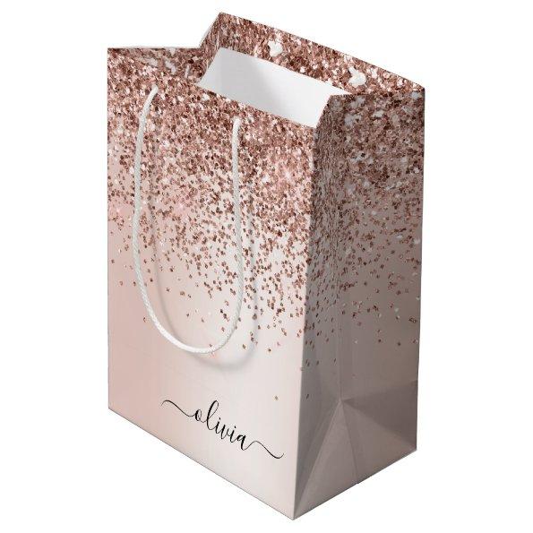 Rose Gold - Blush Pink Glitter Metal Monogram Name Medium Gift Bag
