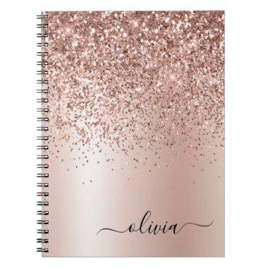 Rose Gold - Blush Pink Glitter Metal Monogram Name Notebook