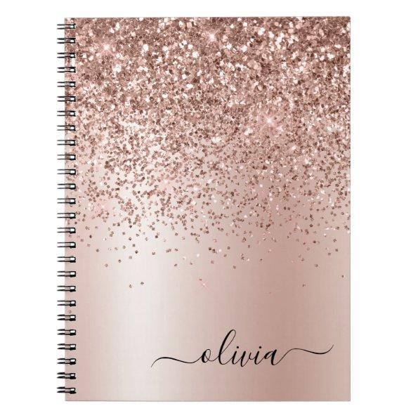 Rose Gold - Blush Pink Glitter Metal Monogram Name Notebook