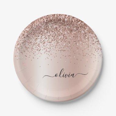 Rose Gold - Blush Pink Glitter Metal Monogram Name Paper Plate