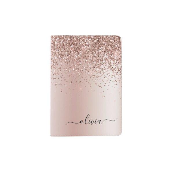 Rose Gold - Blush Pink Glitter Metal Monogram Name Passport Holder