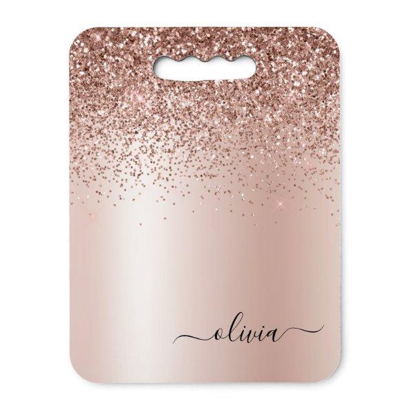 Rose Gold - Blush Pink Glitter Metal Monogram Name Seat Cushion