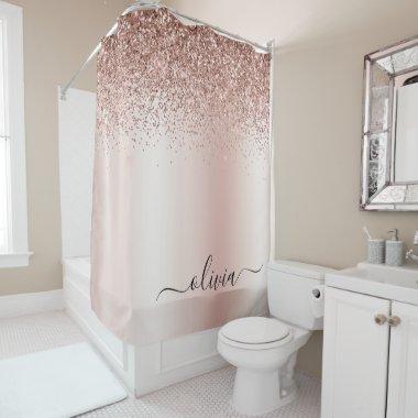 Rose Gold - Blush Pink Glitter Metal Monogram Name Shower Curtain