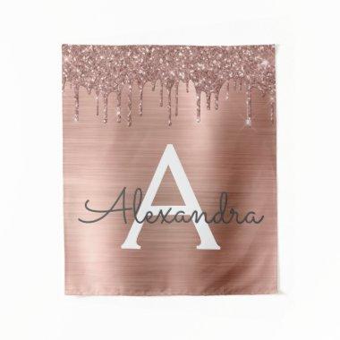 Rose Gold - Blush Pink Glitter Metal Monogram Name Tapestry