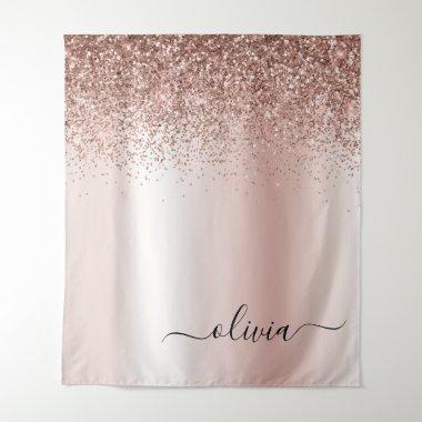 Rose Gold - Blush Pink Glitter Metal Monogram Name Tapestry