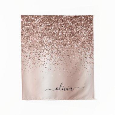 Rose Gold - Blush Pink Glitter Metal Monogram Name Tapestry