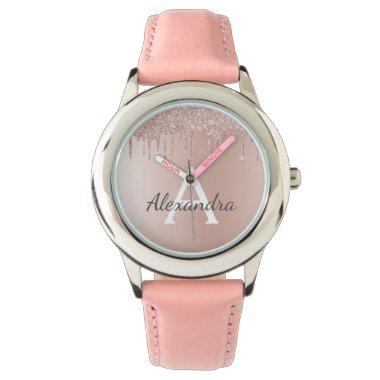 Rose Gold - Blush Pink Glitter Metal Monogram Name Watch