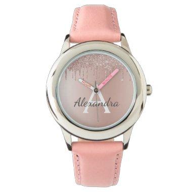 Rose Gold - Blush Pink Glitter Metal Monogram Name Watch