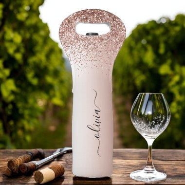 Rose Gold - Blush Pink Glitter Metal Monogram Name Wine Bag