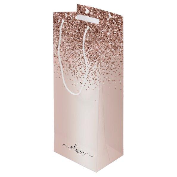 Rose Gold - Blush Pink Glitter Metal Monogram Name Wine Gift Bag