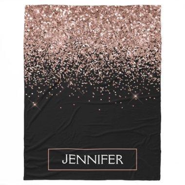 Rose Gold Blush Pink Glitter Monogram Fleece Blanket