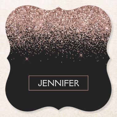 Rose Gold Blush Pink Glitter Monogram Girly Paper Coaster