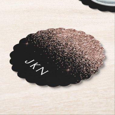 Rose Gold Blush Pink Glitter Monogram Initials Paper Coaster