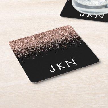 Rose Gold Blush Pink Glitter Monogram Initials Square Paper Coaster