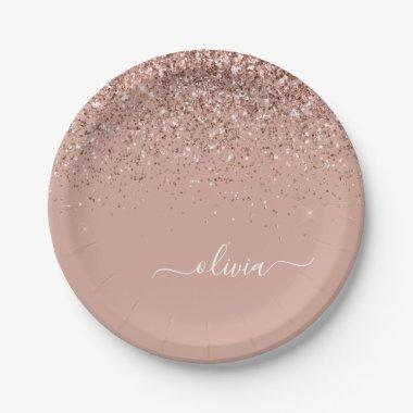 Rose Gold - Blush Pink Glitter Monogram Name Paper Plate