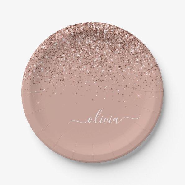 Rose Gold - Blush Pink Glitter Monogram Name Paper Plates
