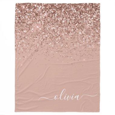 Rose Gold Blush Pink Glitter Script Monogram Fleece Blanket