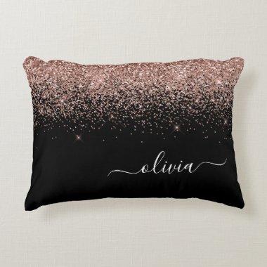 Rose Gold Blush Pink Glitter Script Monogram Girly Accent Pillow