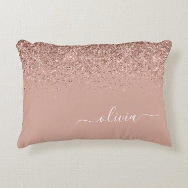 Rose Gold Blush Pink Glitter Script Monogram Girly Accent Pillow
