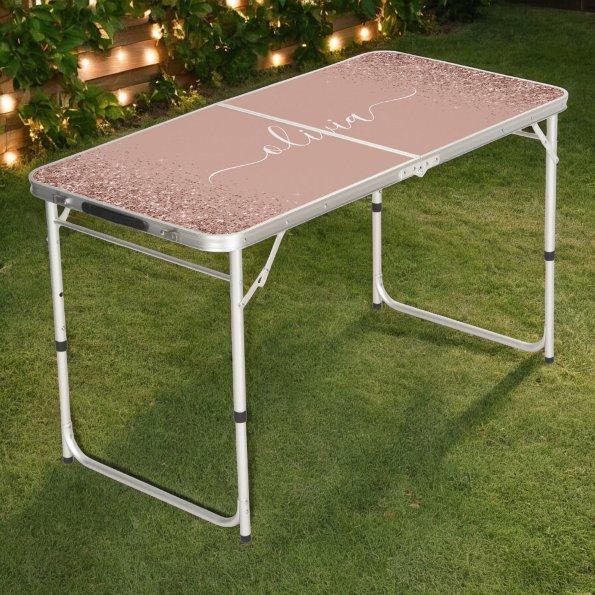 Rose Gold Blush Pink Glitter Script Monogram Girly Beer Pong Table