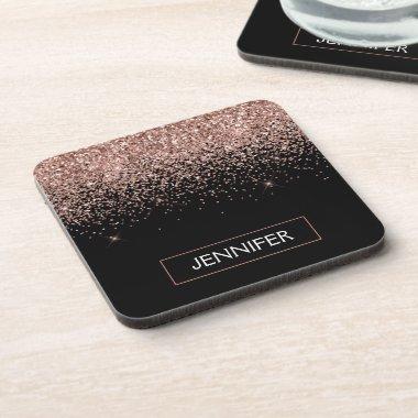Rose Gold Blush Pink Glitter Script Monogram Girly Beverage Coaster