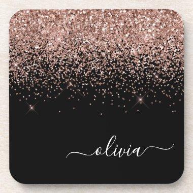 Rose Gold Blush Pink Glitter Script Monogram Girly Beverage Coaster