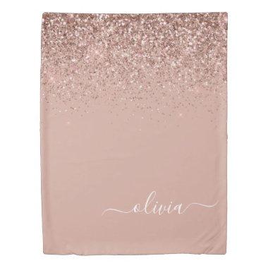 Rose Gold Blush Pink Glitter Script Monogram Girly Duvet Cover