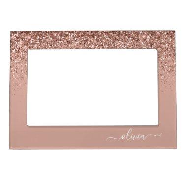 Rose Gold Blush Pink Glitter Script Monogram Girly Magnetic Frame