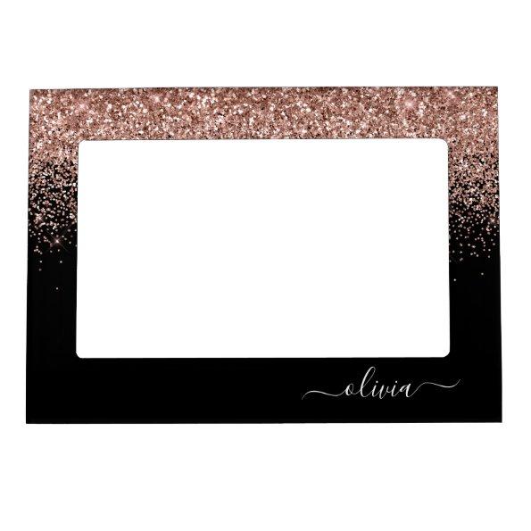 Rose Gold Blush Pink Glitter Script Monogram Girly Magnetic Frame
