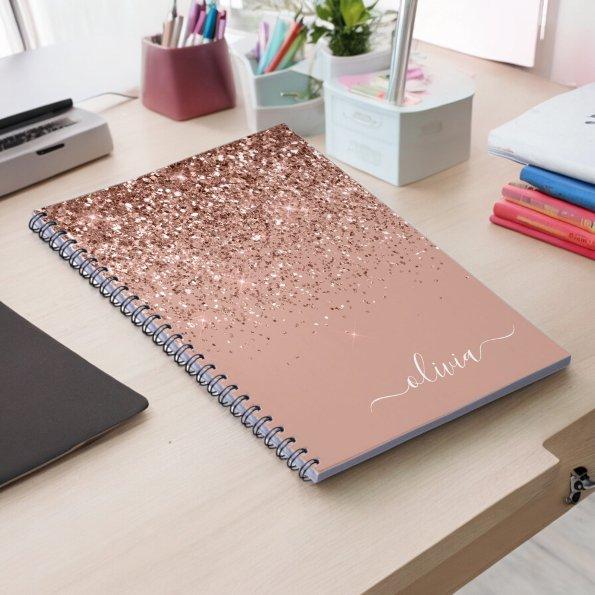 Rose Gold Blush Pink Glitter Script Monogram Girly Notebook