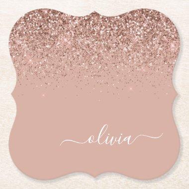 Rose Gold Blush Pink Glitter Script Monogram Girly Paper Coaster