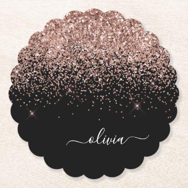 Rose Gold Blush Pink Glitter Script Monogram Girly Paper Coaster