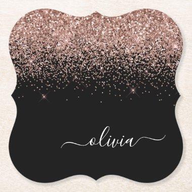 Rose Gold Blush Pink Glitter Script Monogram Girly Paper Coaster