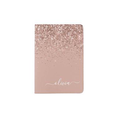 Rose Gold Blush Pink Glitter Script Monogram Girly Passport Holder