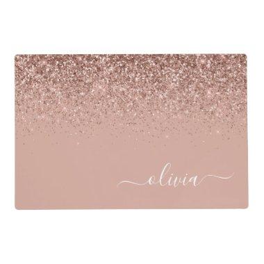 Rose Gold Blush Pink Glitter Script Monogram Girly Placemat