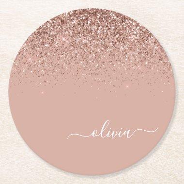 Rose Gold Blush Pink Glitter Script Monogram Girly Round Paper Coaster