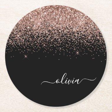 Rose Gold Blush Pink Glitter Script Monogram Girly Round Paper Coaster