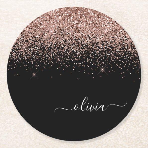 Rose Gold Blush Pink Glitter Script Monogram Girly Round Paper Coaster