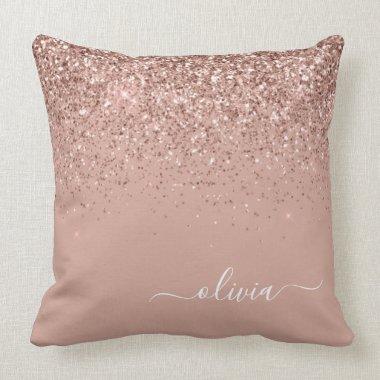 Rose Gold Blush Pink Glitter Script Monogram Girly Throw Pillow