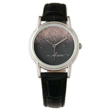 Rose Gold Blush Pink Glitter Script Monogram Girly Watch