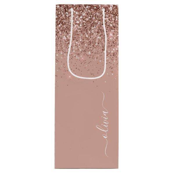 Rose Gold Blush Pink Glitter Script Monogram Girly Wine Gift Bag