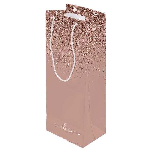 Rose Gold Blush Pink Glitter Script Monogram Girly Wine Gift Bag